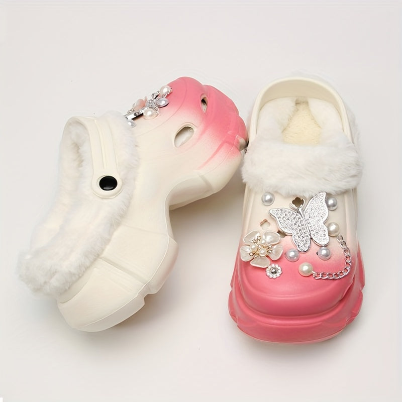 1 Pair Women'S Winter Flannel-Lined EVA Clogs, Casual Gradient Color Slippers with Butterfly and Flower Embellishments, Warm Indoor House Shoes with Positioning Printing